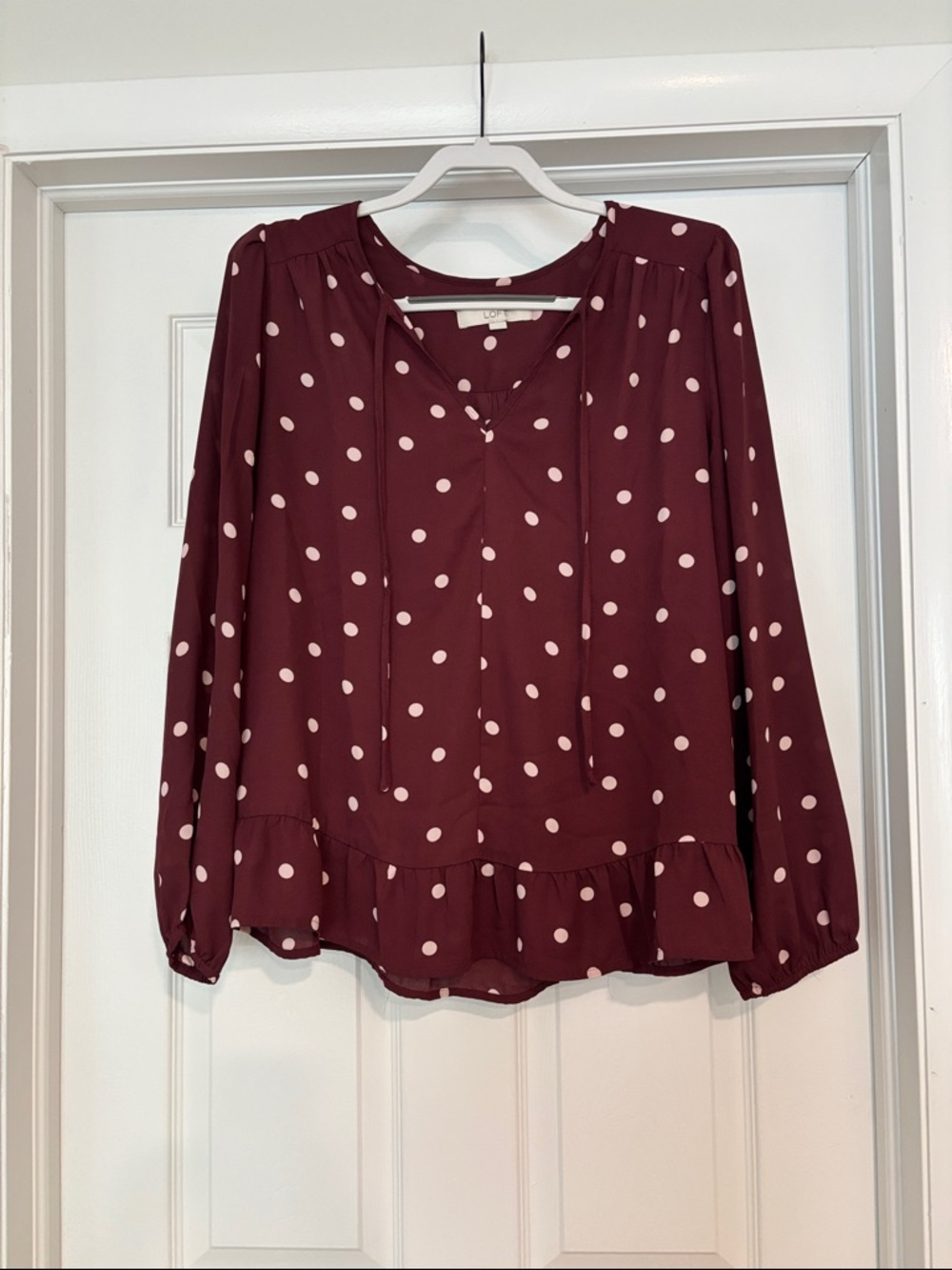 LOFT Burgundy Polka Dot Peplum Blouse
